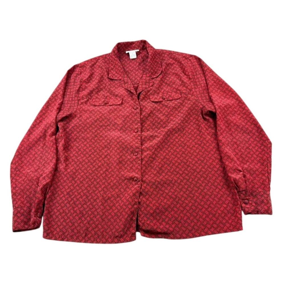 Vintage TJW By Mervyns Blouse Women 10 Red Button Front‎ Long Sleeve Korea Made